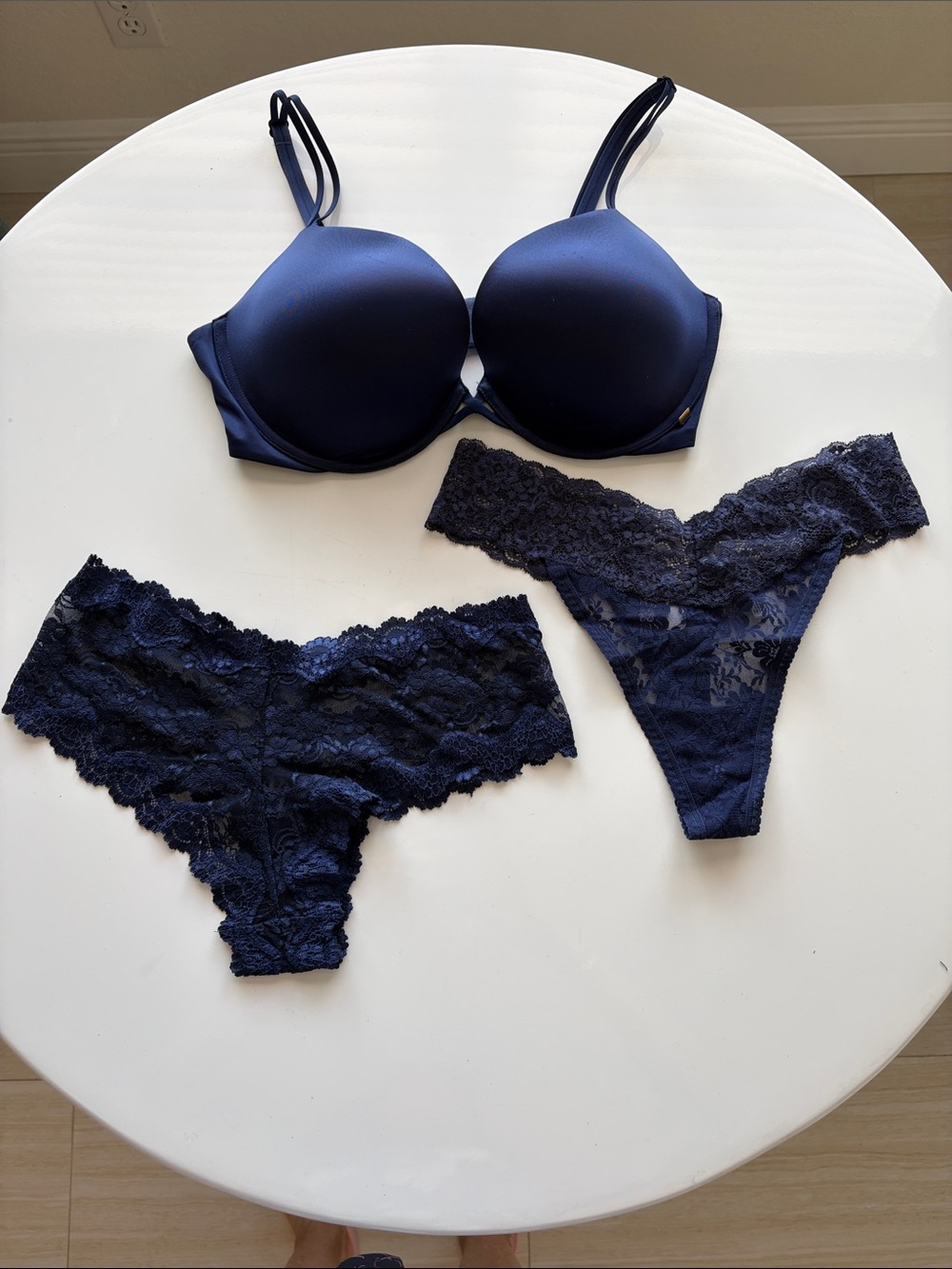 Victoria's Secret Navy Push-Up Bra with Lace Bikini & Thong Set